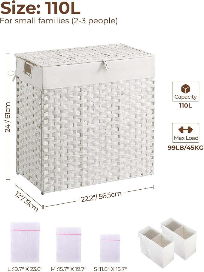 Greenstell Laundry Hamper with lid, No Install Needed, 110L Wicker Laundry Baskets Foldable 2 Removable Liner Bags, 2 Section Clothes Hamper Handwoven Rattan Laundry Basket with Handles, White - Image 6