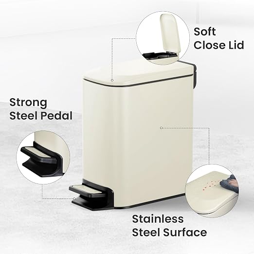 Cesun Small Bathroom Trash Can with Lid Soft Close, Step Pedal, 6 Liter / 1.6 Gallon Stainless Steel Garbage Can with Removable Inner Bucket, Anti-Fingerprint Finish (Creamy White) - Image 4