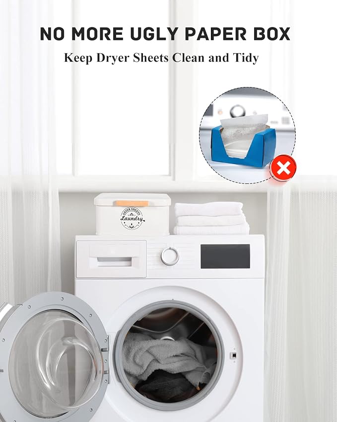 SACREDAY Dryer Sheet Holder with Hinged Lid for Laundry Room Organization. Metal Dryer Sheet Dispenser Container, Farmhouse Laundry Room Decor and Accessories for Dryer Sheets Holder, Cream - Image 2