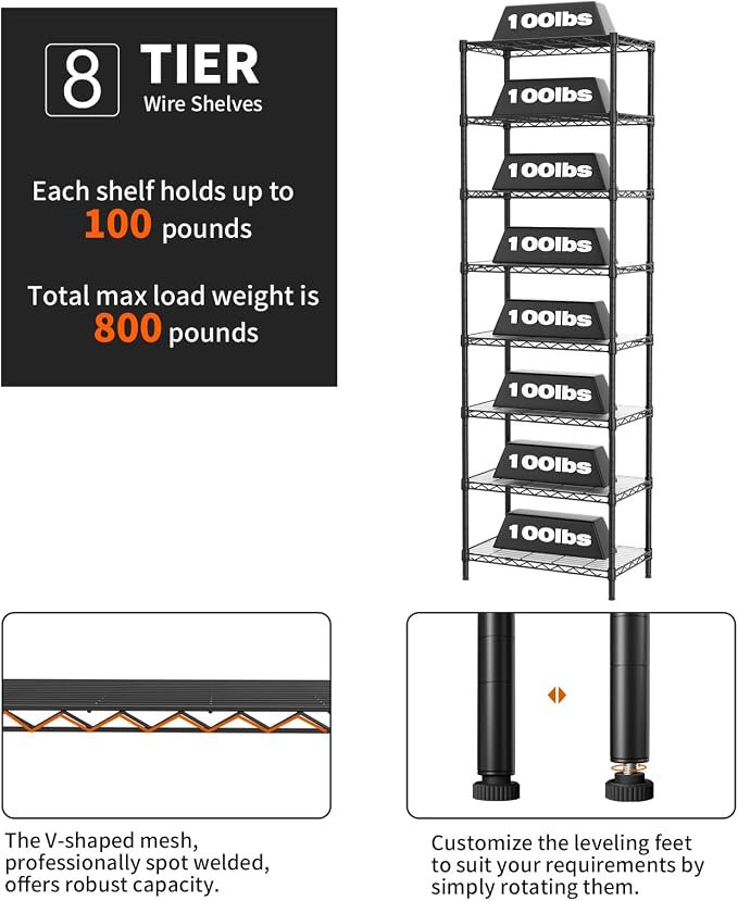 SINGAYE 8 Tier Shelf Organizer Storage Metal Shelves Garage Wire Shelving Unit Pantry Rack Adjustable Standing Storage for Kitchen Closet Laundry Bathroom Pantry 12" D x 22" W x 74" H Black - Image 5