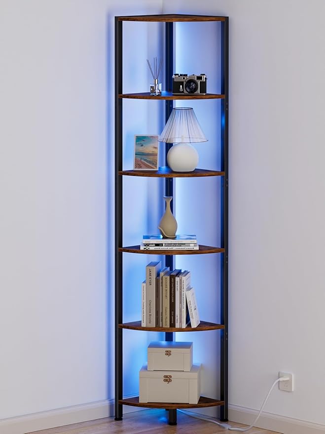 Furnulem 6 Tier Corner Shelf with LED Light, 67.5” Tall Standing Shelf Organizer, Narrow Bookshelf with Storage Rack for Wall Corner, Living Room, Bedroom, Metal Frame, Wood Display Shelf by Furnulem