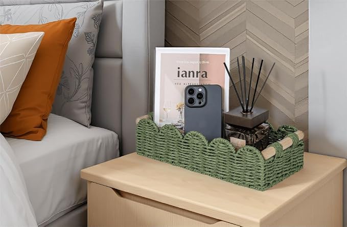 CubesLand Toilet Paper Storage Basket, Scalloped Edge Shelves Basket for Organizing for Over Toilet Tank Storage, Home Decor Baskets for Shelf, Countertop, Living Room, Bedroom, Handwoven, Green - Image 7