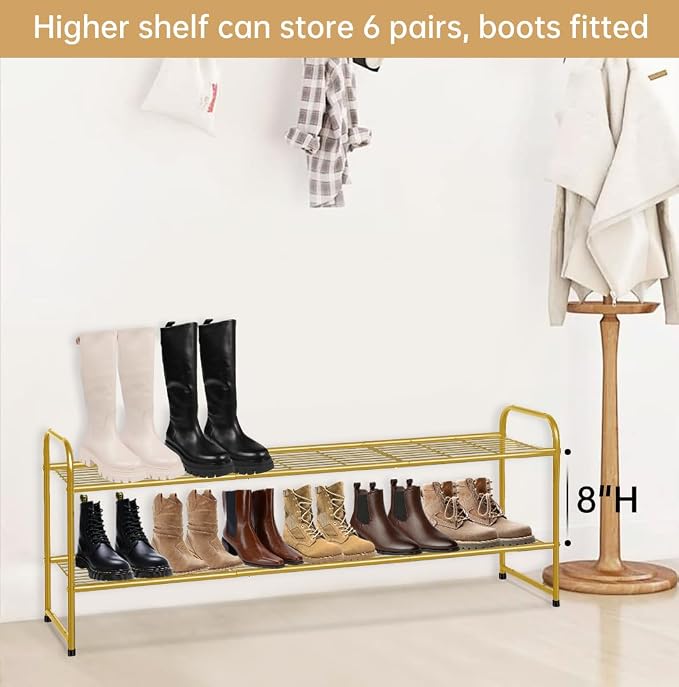 KEETDY 2-Tier Long Shoe Rack for Closet Metal Shoe Organizer for Entryway, Wide Stackable Shoe Storage Shelf with Sturdy Wire Grid for Closet Floor, Bedroom, Gold - Image 5