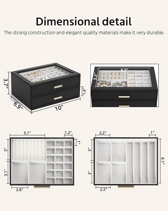 AKOZLIN Jewelry Box with Clear Lid Functional Leather Jewelry Storage Organizer Case 2 Drawers for Women Girls Necklace Ring Bracelet Earring - Image 2