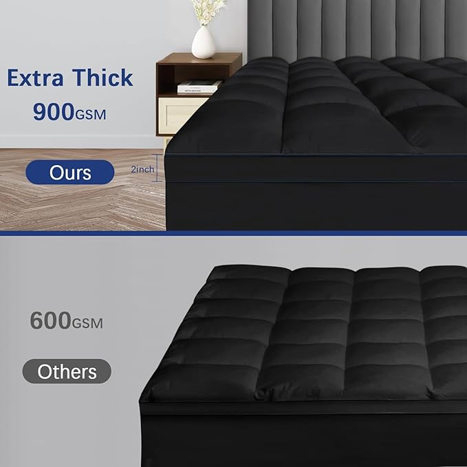 CYMULA Short Queen Mattress Topper, Cooling Bed Mattress Topper, Thick Mattress Pad Cover Pillow Top Mattress Topper, Black Plush Down Alternative Fill