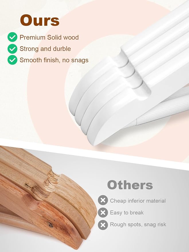 HOUSE DAY White Wooden Hangers 10 Pack, Solid Wood Hanger with Non Slip Pant Bar, Heavy Duty Wooden Coat Hanger for Closet, Smooth Finish Wood Clothes Hangers for Shirts, Suits Jackets, Dress - Image 4