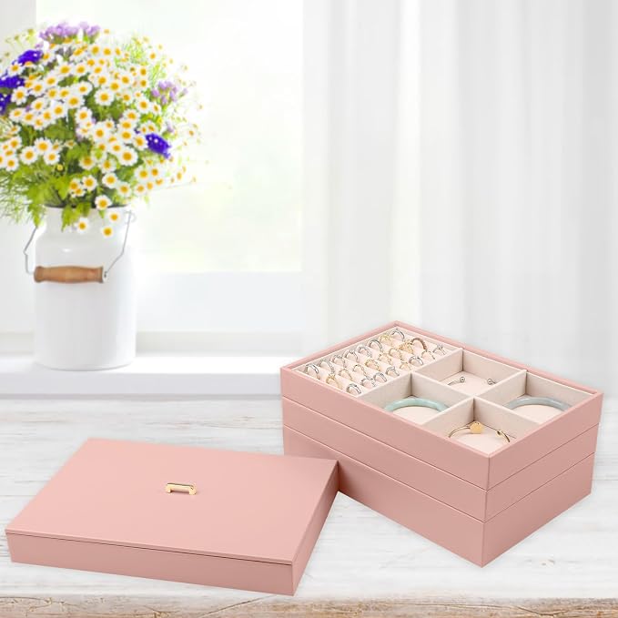 Voova Stackable Jewelry Organizer Tray with Lid, PU Leather Jewelry Storage Holder for Drawer Inserts, Jewellery Display Box Case for Earring Necklace Ring Watch Bracelet (Set of 4, Pink) - Image 4