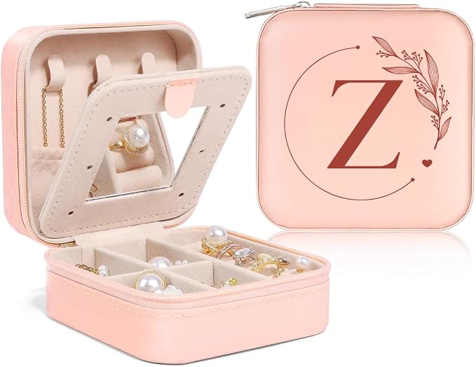 SANDJEST Personalized Jewelry Box, Pink Small Travel Jewelry Box with Initial Z, Monogrammed Jewelry Case Organizer for Girls Women Teen, Mini Travel Essentials Gifts for Christmas Birthday by SANDJEST
