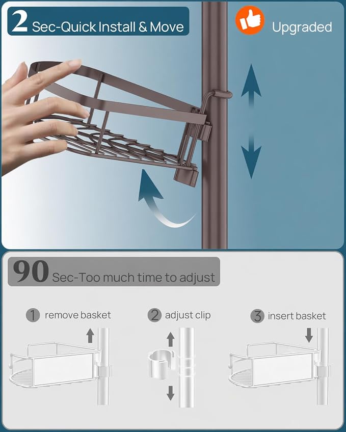 SEIRIONE Rustproof Shower Corner Caddy Organizer for Bathroom, Tension Pole with 4 Baskets, for Bathtub Storage Rack, 34 to 116 Inch Height, Bronze - Image 7