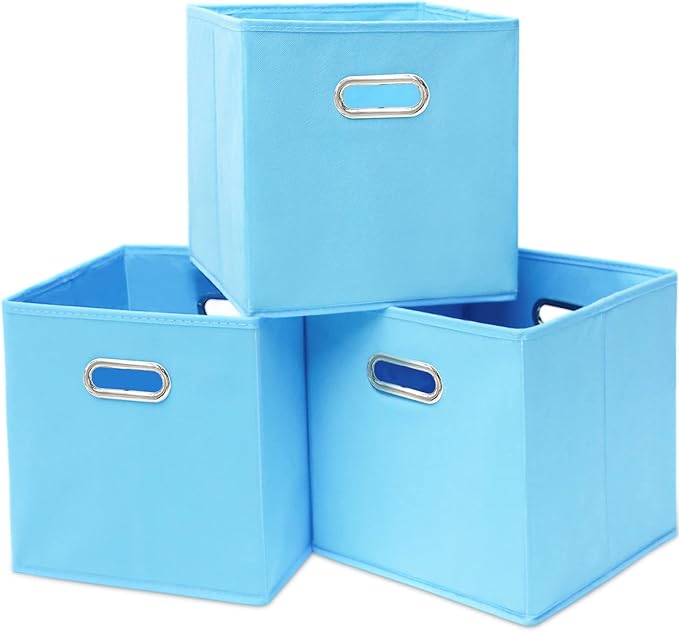 Black Fabric Cubby Storage Bins,13x13x13 Inches ,Cube Organizer Bin Foldable Storage Boxes with Dual Handles Fabric Organizer Box and collapsible Storage basket,Set of 3,Blue by Yunkeeper