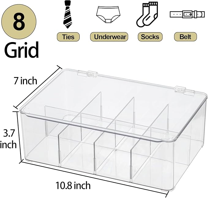 ZEXALOR Clear Tea Bag Organizer, Dresser Organizers Drawer Organzier Storage Container with Removable Dividers, Plastic Storage Bin with Lid, Organizer for Scarves Ties Bras - Image 2