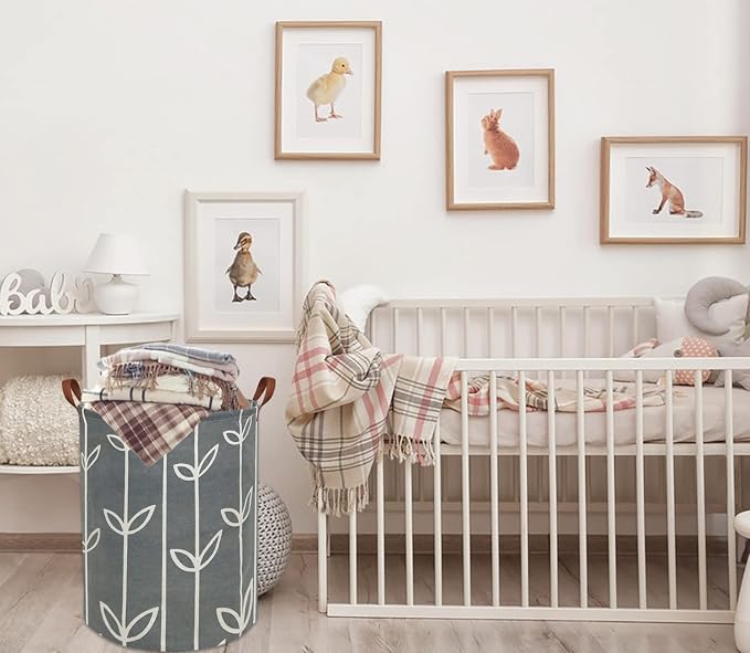 HIYAGON Large Storage Baskets,Waterproof Laundry Baskets,Collapsible Canvas Basket for Storage Bin for Kids Room,Toy Organizer,Home Decor,Baby Hamper (Grey leaves) - Image 6