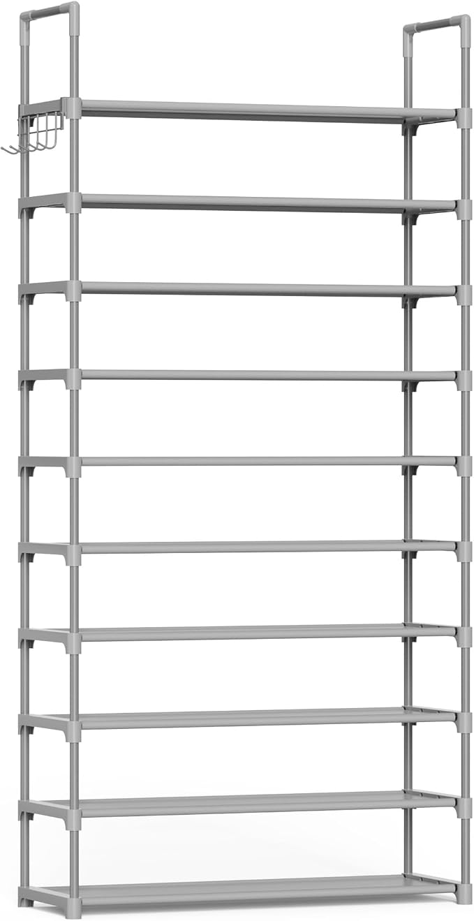 Kitsure Shoe Rack for Closet - 10-Tier Shoe Organizer with Hook Rack, Large-Capacity & Space-Saving Shoe Shelf for Entryway, Bedroom, Living Room,32.2" x 11.8" x 68.5", Gray by Kitsure
