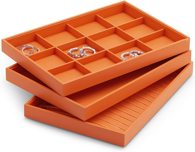 Oirlv Luxury Orange Leather Jewelry Tray Stackable Flat Jewelry Drawer Organizer Earrings Rings Bracelets Storage - Image 7