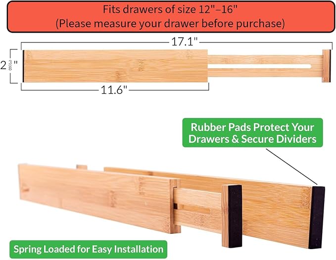 Adjustable Bamboo Drawer Dividers – SMALL SIZE, Expandable 12–16 inch – Spring Loaded Drawer Organizer for Kitchen, Dresser, Bathroom, Bedroom, Desk – 6-Pack - Image 2