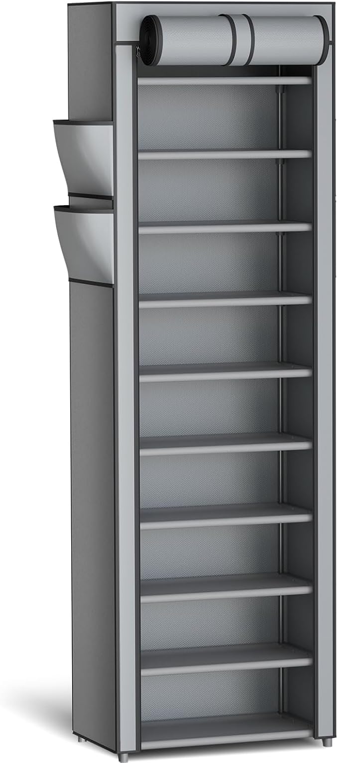 Kitsure Shoe Rack - 10-Tier Large Capacity Shoe Organizer Shelf with Dust Cover & Side Pockets, Rust-Proof Metal Shoe Rack for Closet, Entrance, Living Room, 17.5" x 12.4" x 69.3", Grey by Kitsure