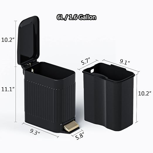 Small Bathroom Trash Can with Lid Soft Close-6L/1.6 Gal Slim Step Garbage Can-Metal Pedal Wastebasket-Narrow Rectangle Garbage Container Bin for Corner Office, Bedroom, Toilet, Live Room-Black - Image 5
