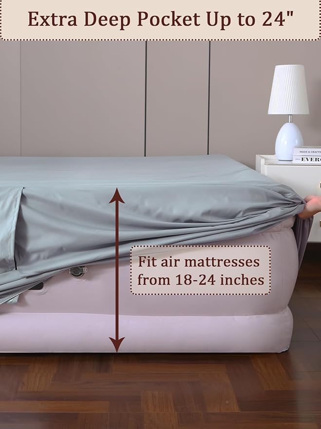 Twin Fitted Sheet for Air Mattress, with 18-24 Inch Extra Deep Pocket, Soft Breathable Air Bed Mattress Sheet Cover for Inflatable Bed, Grey