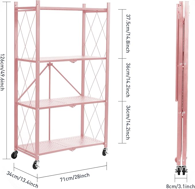 BRIAN & DANY 4-Tier Foldable Storage Shelves with Wheels, Folding Metal Rack Shelving Unit, Heavy Duty No Assembly Organizer Shelf for Garage, Kitchen, Basement, Pantry, Pink - Image 3