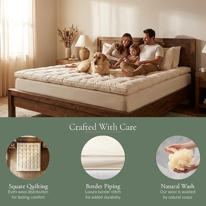 100% Merino Wool Mattress Topper for Back Pain Relief Natural Handmade Merino Wool Pad 2 Inches Thick Cooling Breathable with 2 Elastic Straps, Ivory Full 54x76 Inches