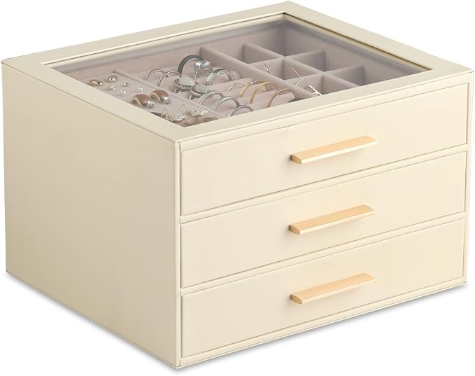 Frebeauty Clear Lid Jewelry Box,3-Layer Jewelry Organizer with Drawer,PU Leather Jewelry Organizers and Storage,Jewelry Boxes for Women,Jewelry Storage for Rings Earring Stud,Gift for Women(Beige) by Frebeauty