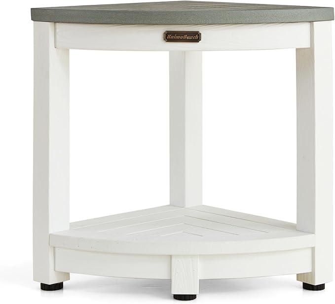 HDPS Corner Shower Stool, Heavy Duty Bench Seat with Shelf, Poly Shower Chair for Shaving Legs, No Maintenance, White+Gray, Weight Capacity 500LBS by KaimuBench