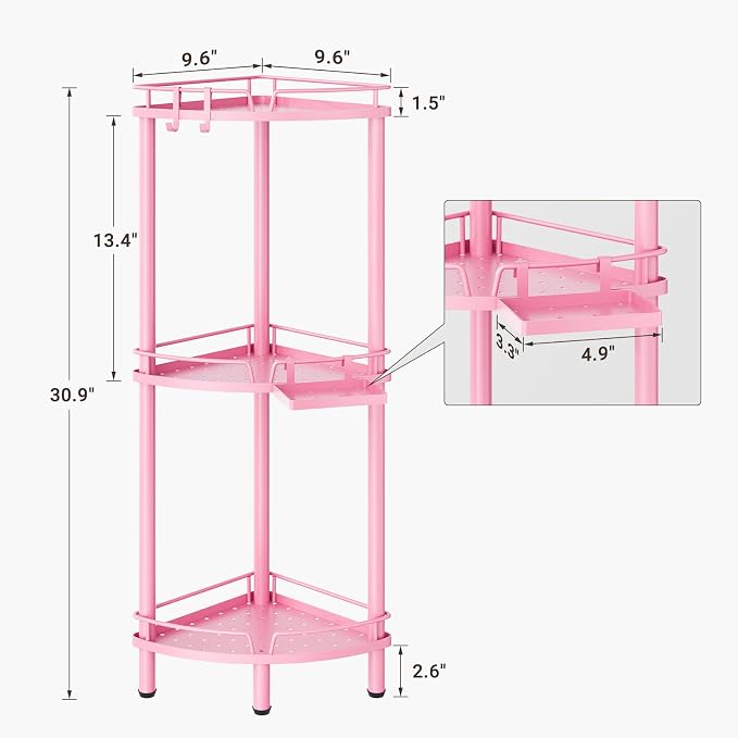 ELYKEN Corner Shower Caddy Standing, 3 Tier Rustproof Metal Shower Organizer with Soap Holder, Floor Shower Corner Shelf Rack Storage Stands with Adjustable Feet & 2 Hooks for Bathroom, Pink - Image 2