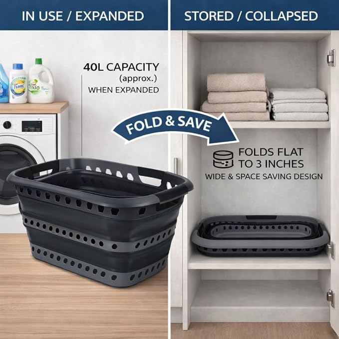 Laundry 360 Collapsible Laundry Basket 40L | Portable | Space Saver Storage | Hold 2 Loads | Store Under the Bed or Closet | Good for Kids | Dorm | Bedroom | Large | Grey/Black - Image 8