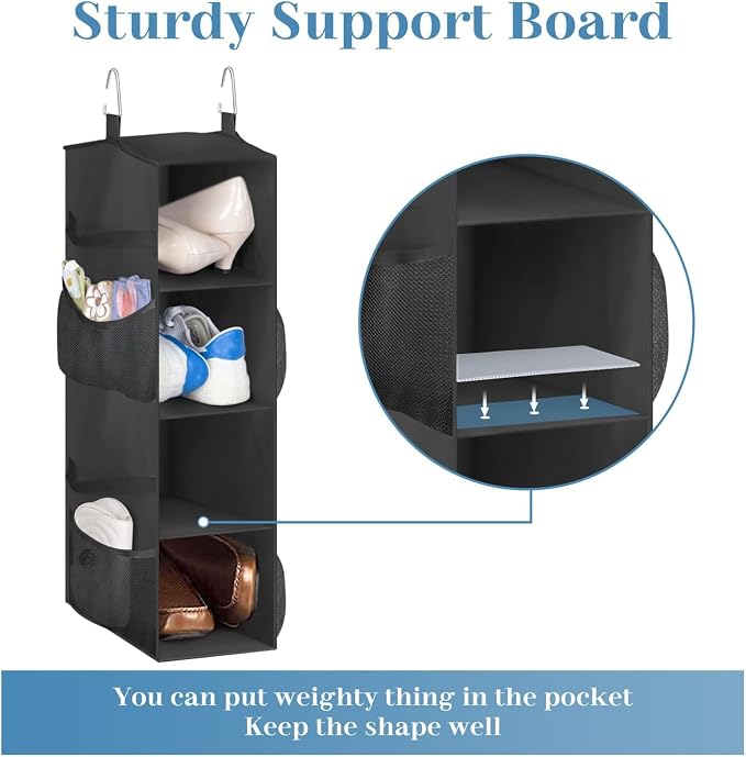 SLEEPING LAMB Short Hanging Shoe Organizer for Closet Storage with Mesh Side Pockets Holds 8 Pairs, Hanging Shoe Rack Hanger RV, Camper, Black - Image 6