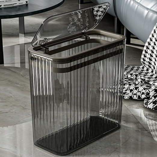 Transparent Trash Can, Bathroom Trash Cans with Lids, 3.5 Gallon Garbage Can for Bedroom, Office, Plastic Slim Waste Basket with Press Top Lid, 15L Clear Trash Bin for Home, Kitchen (Gray) - Image 3