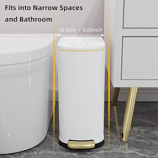 KSSKSS 2.6 Gallon Slim Bathroom Trash Can with Soft Close Lid, 10L Stainless Steel Garbage Can with Removable Liner Bucket, for Narrow Spaces, Bathroom, Bedroom (White) - Image 2