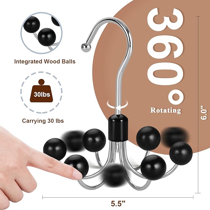TOPIA HANGER Hoodie Hangers 2-Pack with 6 Wood Balls, 360°Swivel Purse Hanger, Scarf Hanger, Closet Hooks, Handbag Organizer, Bra Hanger, Accessory Organizers for Scarf, Tanktop, Hat, Hoodie CT43B - Image 2