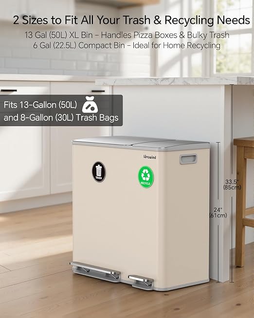Lovewind Dual Trash and Recycling Bins for Kitchen, 13+6 Gallon Stainless Steel Garbage and Recycle Bin Combo for Large Families, Dual Trash Can with Soft Close Lid & Magnetic Stickers, Apricot - Image 3