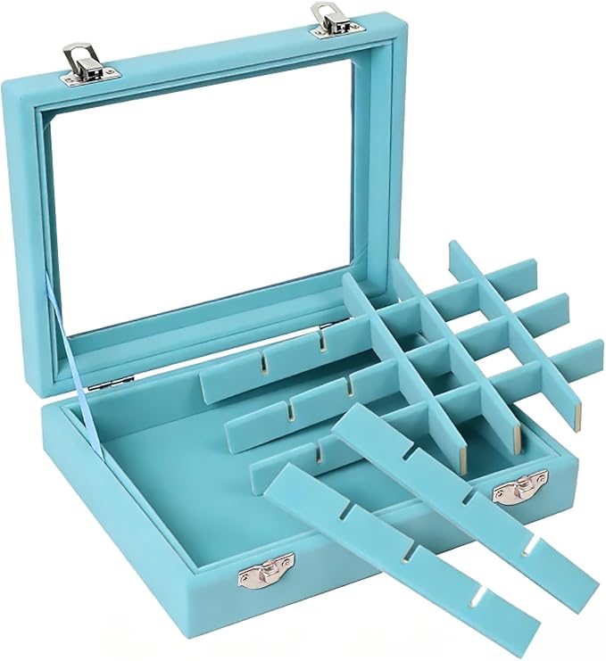 Velvet Jewelry Box 24 Grid Jewelry Earrings Display Organiser Box Ring Tray Holder Earrings Storage Case for Girls Women Wife Mom (Light blue) - Image 6