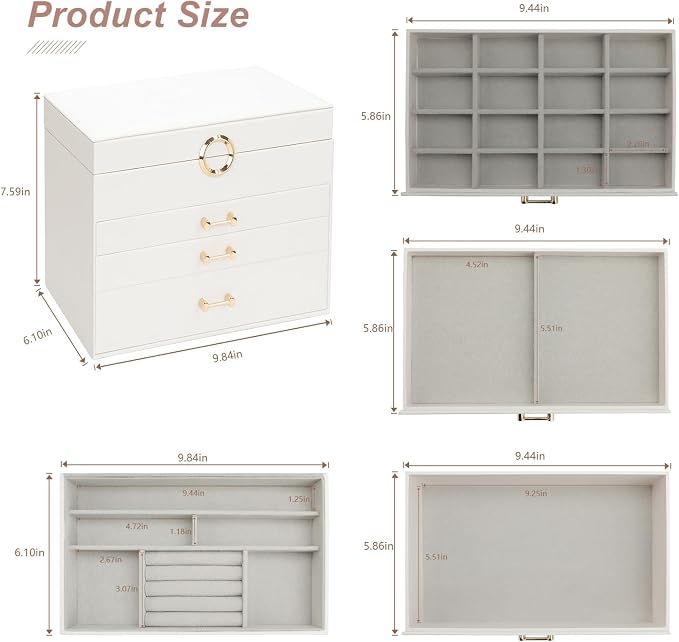 Jewelry Box with Mirror，Jewelry Holder Organize with 3 Drawer，4-Layer Jewelry Box for Women Girls，Large Jewelry Storage Box. (White - Image 4