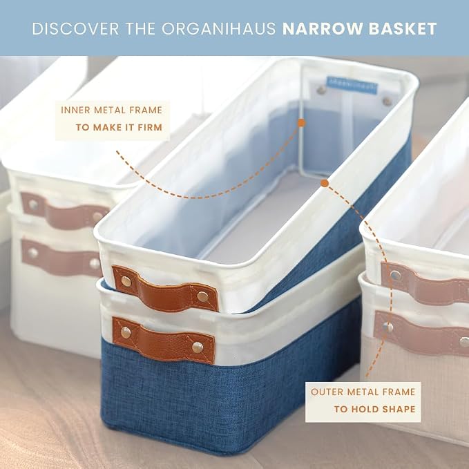OrganiHaus Narrow Fabric Storage Baskets 2 Pack, Narrow Storage Bins for Shelves, Closet Storage Bins for Pantry Entryway, Cloth Canvas Basket, White/Brown - Image 6
