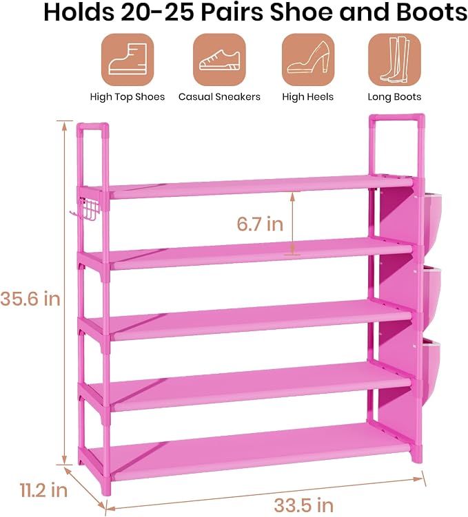 VILICK Shoe Rack for Closet Shoe Organizer Space Saver Storage for 20-25 Pair Shoe Shelf with Hook and Side Pocket Free Standing 5 Tier Shoe Rack Organizer for Entryway,Small Spaces, Pink - Image 3