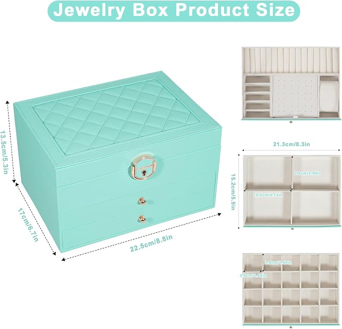 GUOER Jewelry Box for Women Girl Wife 3 Layers Large PU Leather Jewelry Organizer Storage Case with Two drawers Display for Earrings Bracelets Rings Watches (Teal) - Image 3