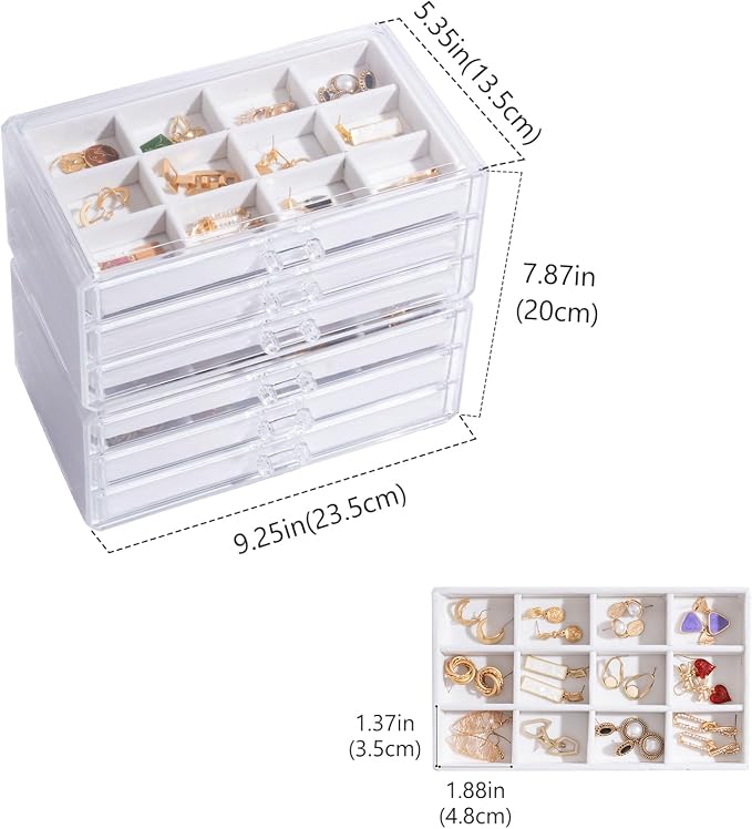 Lolalet Earring Holder Organizer Box Jewelry Storage with 6 Drawers, Clear Acrylic Stackable Earring Case with Adjustable Velvet Trays for Women on Dresser Vanity -Warmwhite, 6 Layers - Image 5