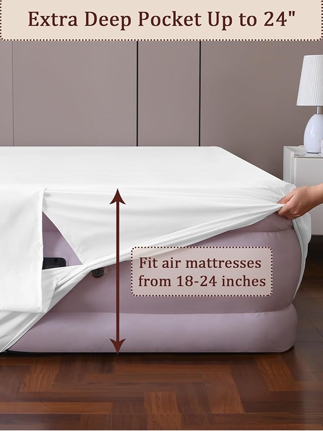 Fitted Sheet for Queen Air Mattress, with 18-24 Inch Extra Deep Pocket, Soft Breathable Bed Sheet Bottom Mattress Cover for Inflatable Air Bed, White