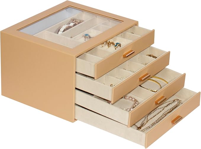 Jewelry Box with Glass Lid, 4-Layer Jewelry Organizer for Women Girls, PU Leather Display Case with 20-Grid Earring Tray & Movable Dividers for Necklaces Rings,Camel - Image 8