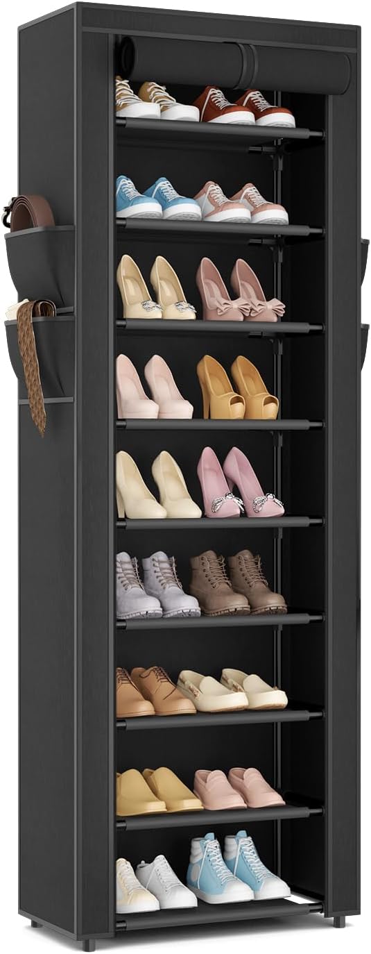 LANTEFUL Narrow Shoe Rack with Cover 10 Tier Tall Shoe Rack Organizer Large Capacity Shoe Shelf Storage 18-22 Pairs Space Saving Free Standing Shoe Storage Organizer for Closet, Entryway, Dorm, Black by LANTEFULforTidyingHouse