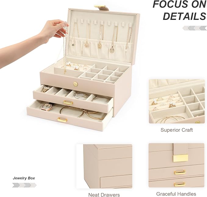 3-Layer Jewelry Box with 2 Drawers, Large Capacity Jewelry Holder Box for Women Girls, Best Gifts for Christmas Valentine's Day New Year.(Apricot) - Image 9