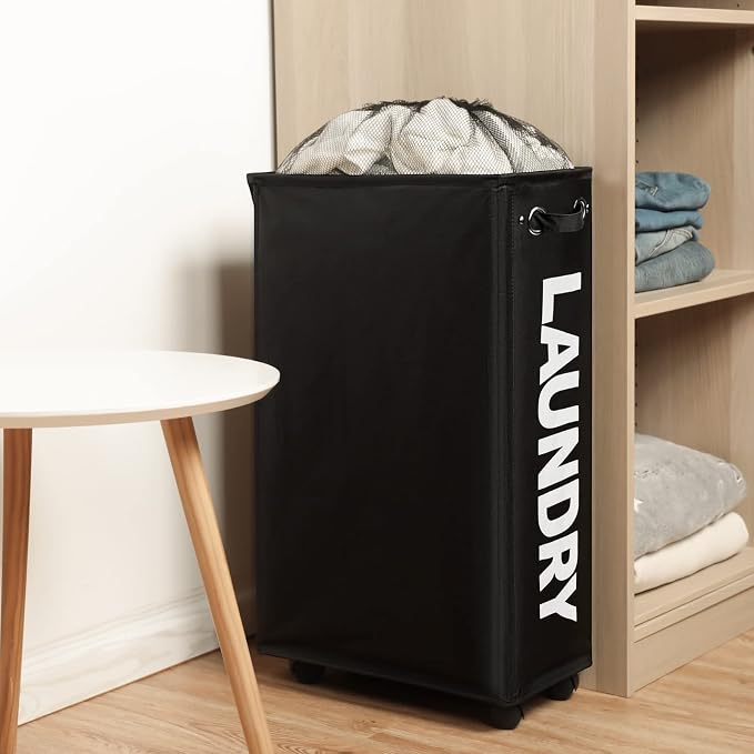 DOKEHOM 29-Inches Enlarged Slim Laundry Basket with Removable Wash Bag on Wheels, Collapsible Rolling Laundry Hamper, Foldable Narrow Corner Clothes Storage Bins (Black) - Image 7