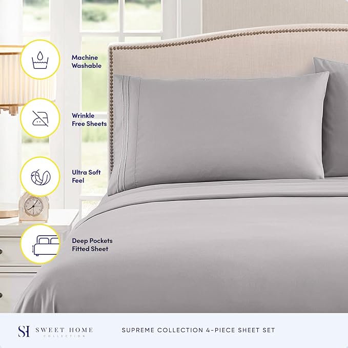 California King Sheet Sets - Breathable Luxury Sheets with Full Elastic & Secure Corner Straps Built In - 1800 Supreme Collection Deep Pocket Bedding, Sheet Set, EXTRA DEEP pocket - Cal King, Silver