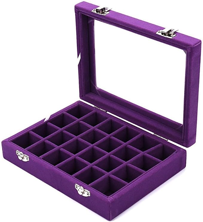 24 Grids Velvet Glass Ring Earrings Jewelry Box Earrings Organiser Storage Holder Display Case by LANTWOO
