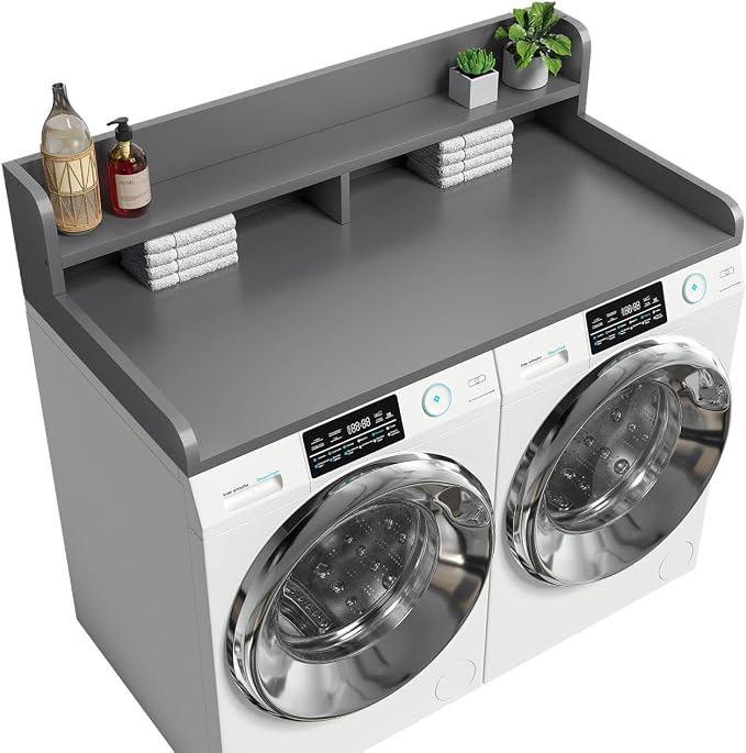 2-Tier Washer Dryer Countertop with 2.75"H Edge Rails, 54" W x 27.55" D Laundry Countertop for Folding Clothes, Washer and Dryer Topper with Non-Slip Pad (Gray) by Corbyles