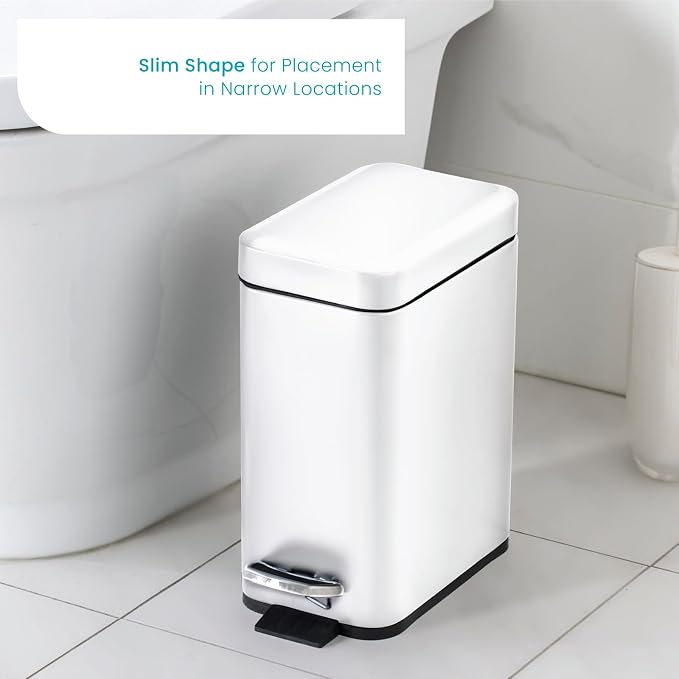 Home Zone Living 1.3 Gallon Small Bathroom Trash Can with Lid and Step Pedal, Stainless Steel Wastebasket with Slim Design for Home and Office, Matte White, 5 Liters - Image 2