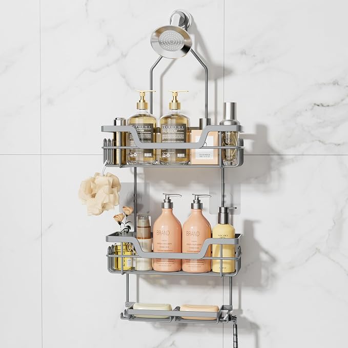 SWTYMIKI Bathroom Shower Caddy Hanging - 3 Tier Rustproof Over Shower Head Organizer, No Drilling Bathroom Shelf with 16 Hooks & Soap Holder, Anti-Swing Rack for Shampoo,Sponge,Towel, Silver, Large by SwtyMiki-TidyHomeSweetLife