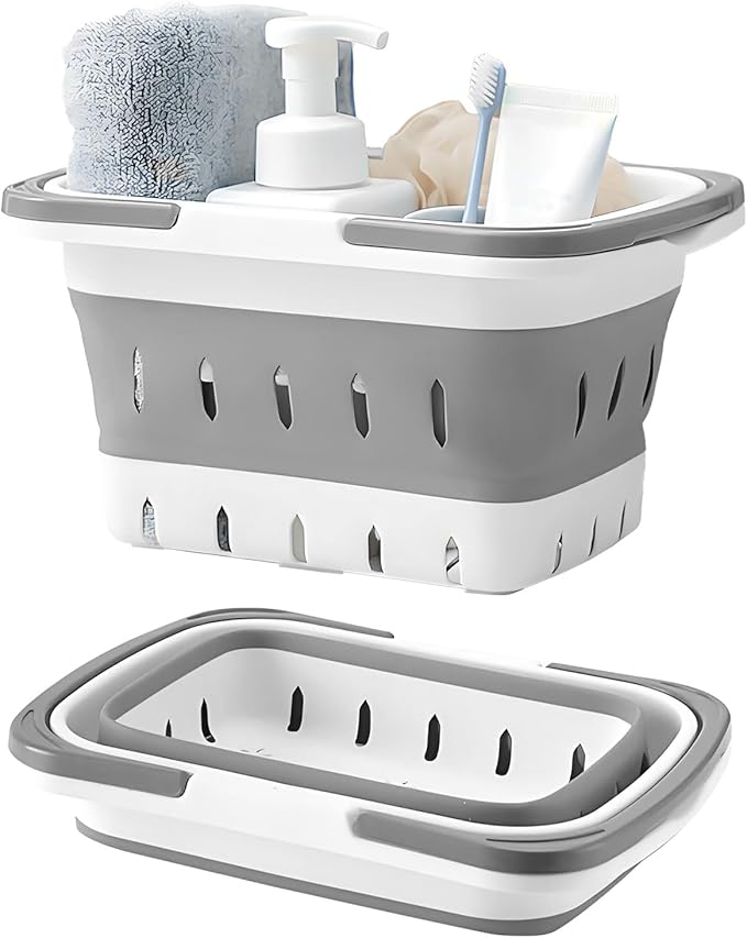 Fammart Portable Shower Caddy Tote – Collapsible Plastic Basket with Handles, Foldable Storage Organizer for Bathroom, Kitchen, College Dorm, Gym, Travel & Camping, Gray by Fammart